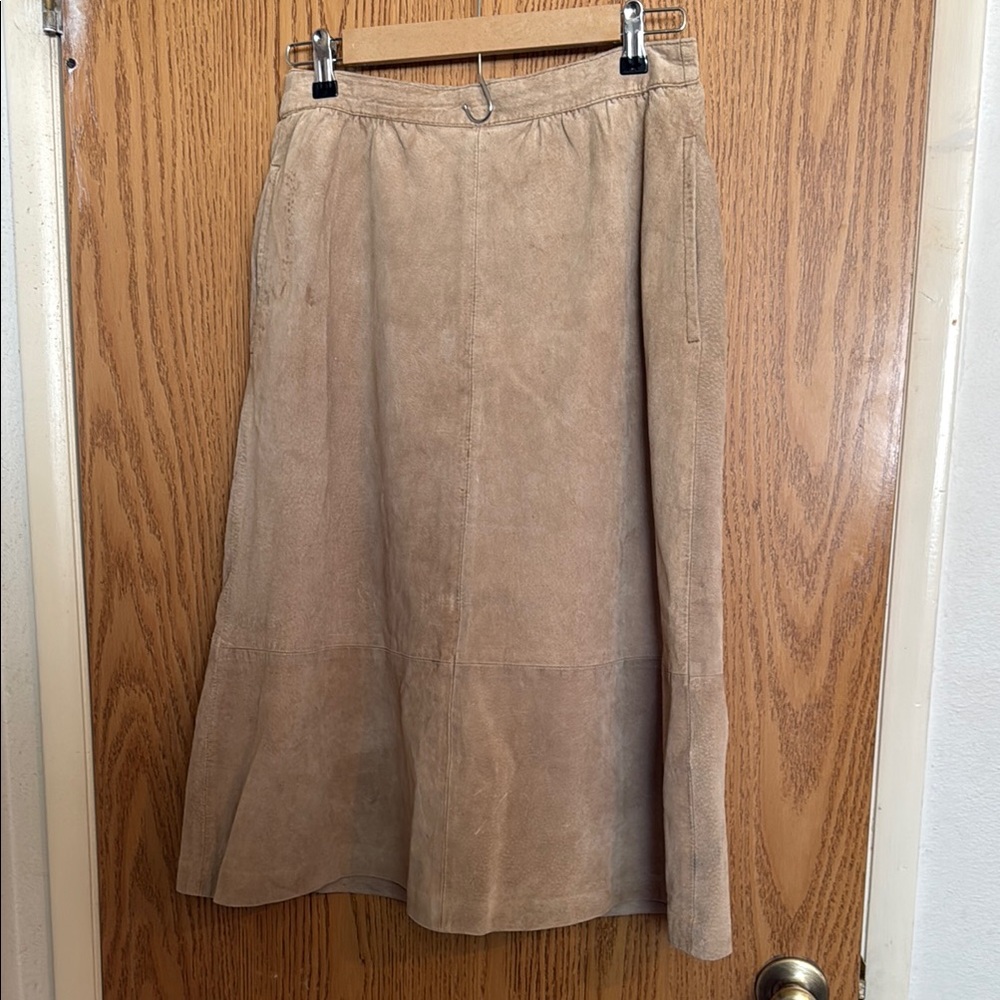 Vintage Collectibles Tan Camel Panel Suede A-Line Midi Skirt Lined Sz 14 pockets